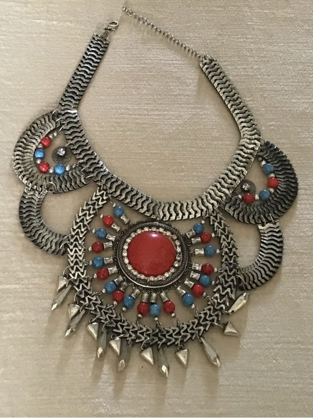 Statement Red & Turquoise Colored Beaded Silver-Tone Bib Necklace - Picture 2 of 6